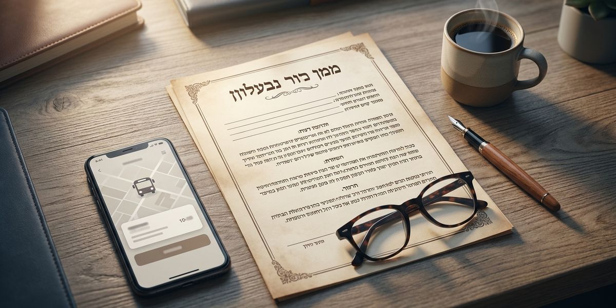 ספר חוקי העבודה הישראלי פתוח על שולחן ליד כובע נהג שאטל ארגוני