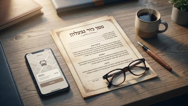 ספר חוקי העבודה הישראלי פתוח על שולחן ליד כובע נהג שאטל ארגוני