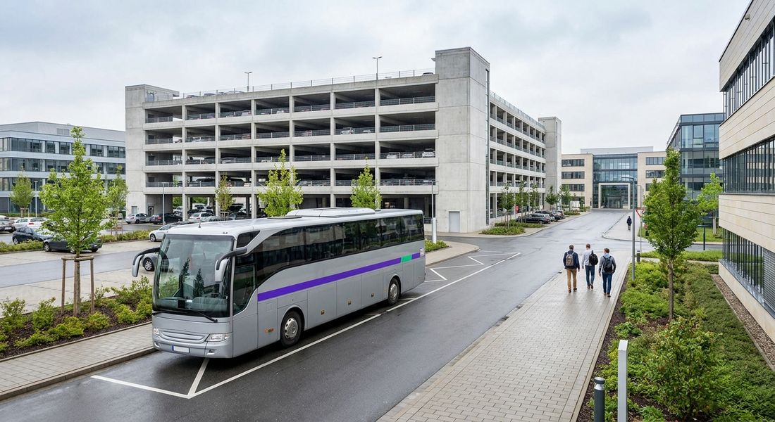 Moderner Werksbus fährt an einem Firmencampus vor, dahinter ein nur halb belegtes Parkhaus im Gewerbegebiet
