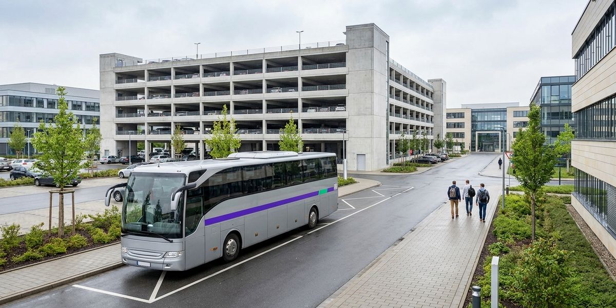 Moderner Werksbus fährt an einem Firmencampus vor, dahinter ein nur halb belegtes Parkhaus im Gewerbegebiet