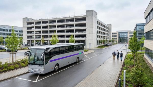 Moderner Werksbus fährt an einem Firmencampus vor, dahinter ein nur halb belegtes Parkhaus im Gewerbegebiet