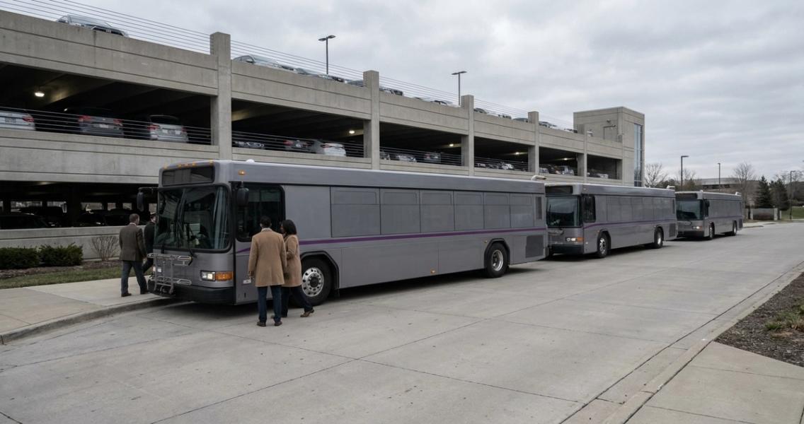 Employee shuttle bus loading at a suburban corporate campus next to a half-empty parking structure