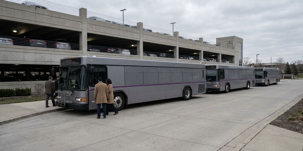 Mitarbeiter-Shuttle-Bus, der an einem Vorstadt-Unternehmenscampus neben einem halb leeren Parkhaus zusteigen lässt
