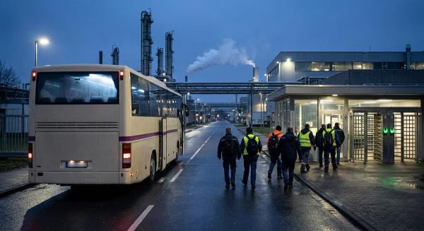Beschäftigte gehen im Morgengrauen vom Werksbus zu den Drehkreuzen am Tor eines Chemieparks, dahinter beleuchtete Anlagen