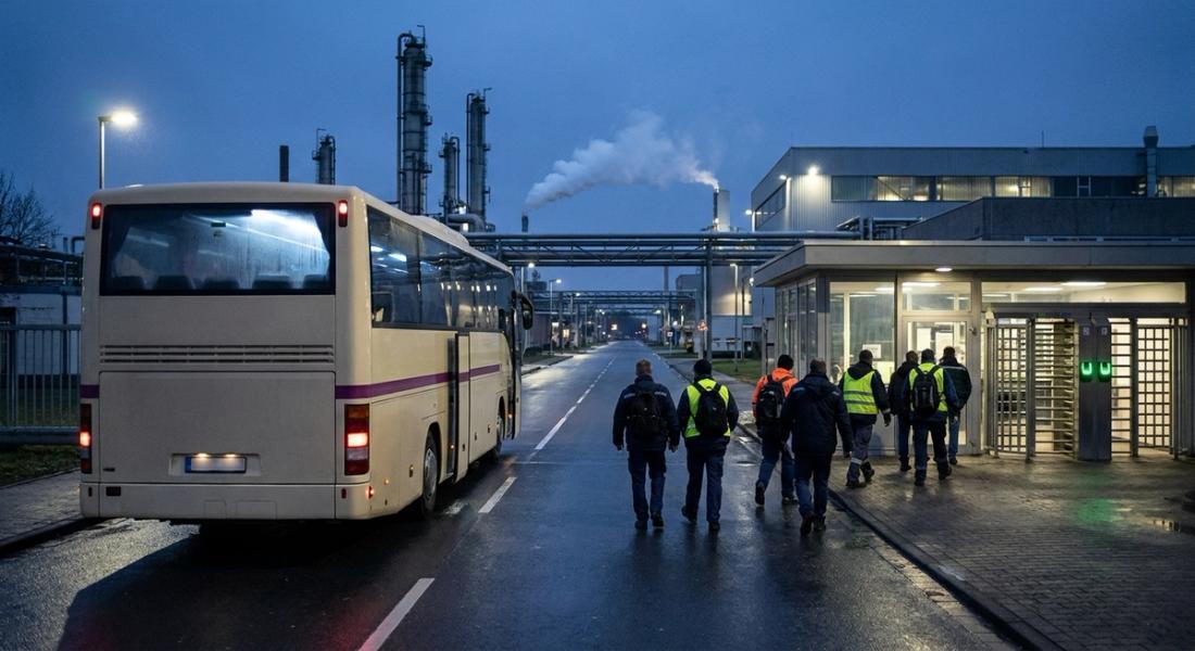 Beschäftigte gehen im Morgengrauen vom Werksbus zu den Drehkreuzen am Tor eines Chemieparks, dahinter beleuchtete Anlagen