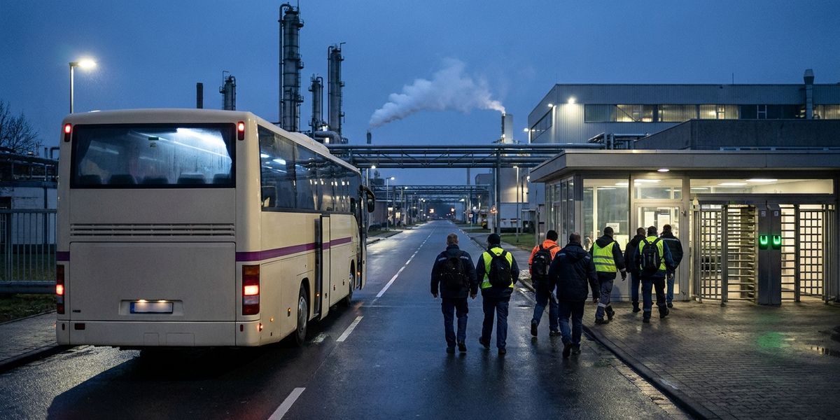 Beschäftigte gehen im Morgengrauen vom Werksbus zu den Drehkreuzen am Tor eines Chemieparks, dahinter beleuchtete Anlagen