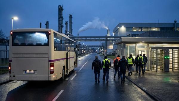 Beschäftigte gehen im Morgengrauen vom Werksbus zu den Drehkreuzen am Tor eines Chemieparks, dahinter beleuchtete Anlagen