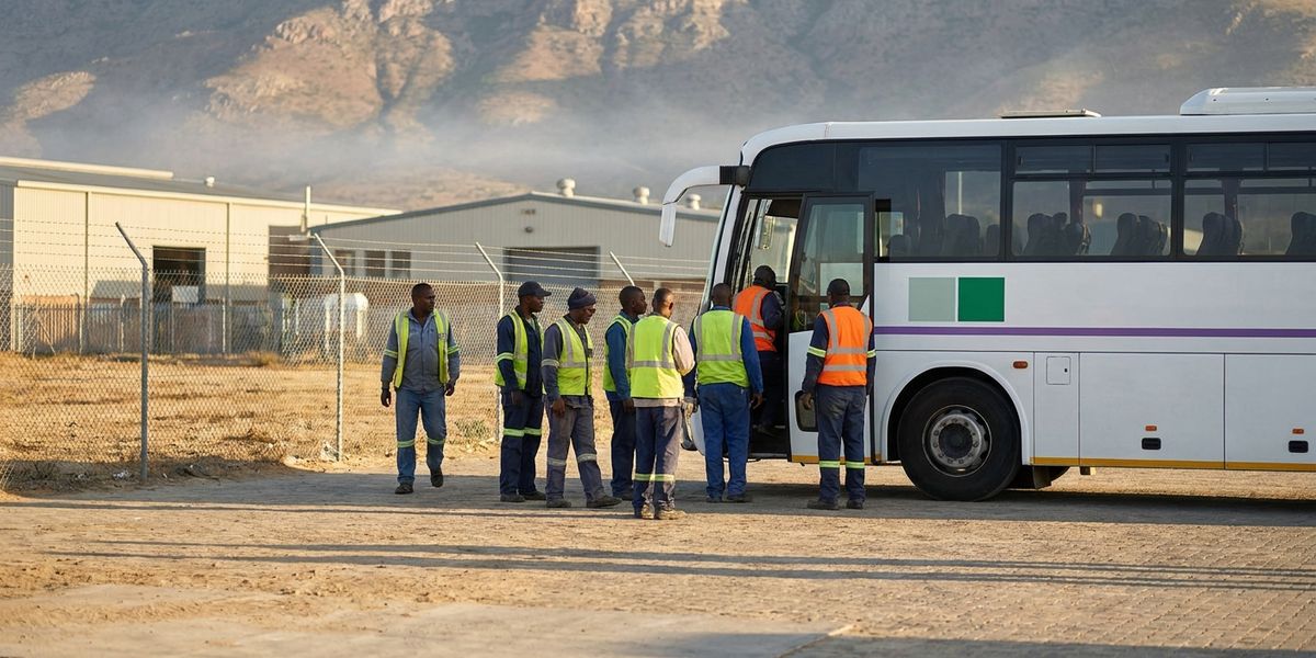 Operadores con chaleco reflejante abordan un camión de personal en la puerta de un parque industrial al amanecer en el norte de México