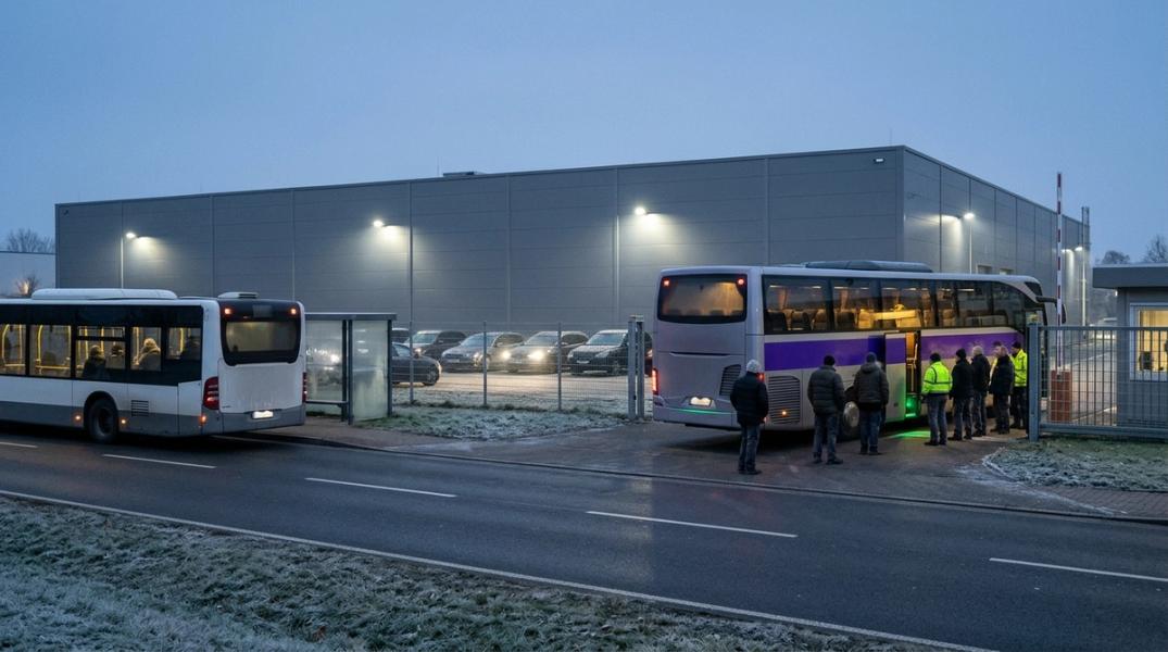 Werksbus am Werkstor im Morgengrauen, Frühschicht steigt ein, daneben ein fast leerer Linienbus, dahinter der Parkplatz