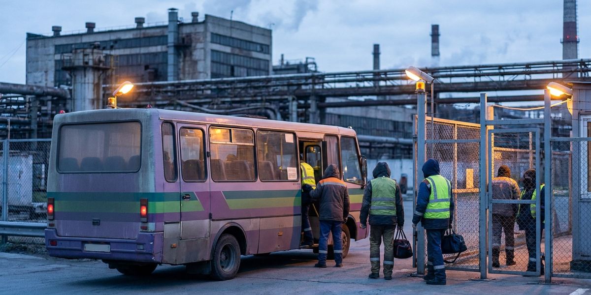 Заводський мікроавтобус забирає нічну зміну біля прохідної підприємства у промзоні вдосвіта