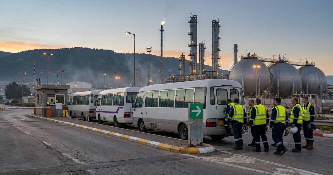 שורת מיניבוסי הסעה ארגוניים בכניסת מתחם תעשייה במפרץ חיפה בחילופי משמרת לפנות בוקר, ארובות זיקוק ורכס הכרמל ברקע