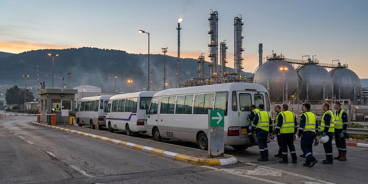 שורת מיניבוסי הסעה ארגוניים בכניסת מתחם תעשייה במפרץ חיפה בחילופי משמרת לפנות בוקר, ארובות זיקוק ורכס הכרמל ברקע