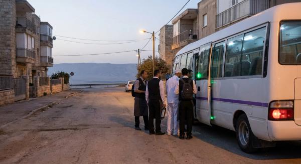 עובדי מלונות עולים למיניבוס הסעות ברחוב בערד לפני עלות השחר, כשבקע ים המלח נראה בערפל הרחק מתחת