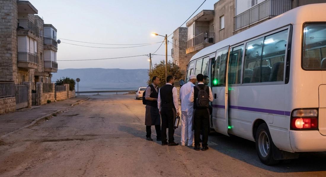 עובדי מלונות עולים למיניבוס הסעות ברחוב בערד לפני עלות השחר, כשבקע ים המלח נראה בערפל הרחק מתחת