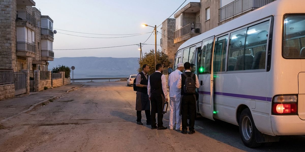 עובדי מלונות עולים למיניבוס הסעות ברחוב בערד לפני עלות השחר, כשבקע ים המלח נראה בערפל הרחק מתחת