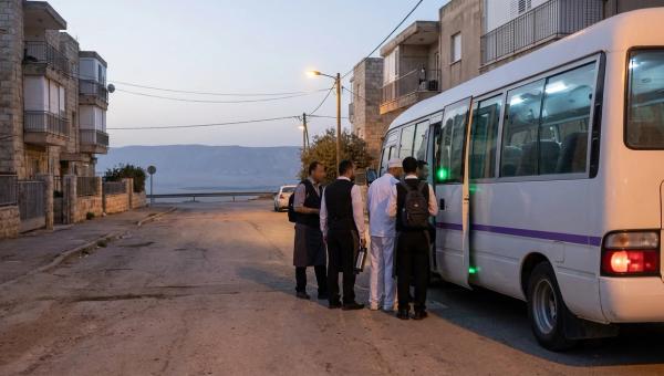 עובדי מלונות עולים למיניבוס הסעות ברחוב בערד לפני עלות השחר, כשבקע ים המלח נראה בערפל הרחק מתחת