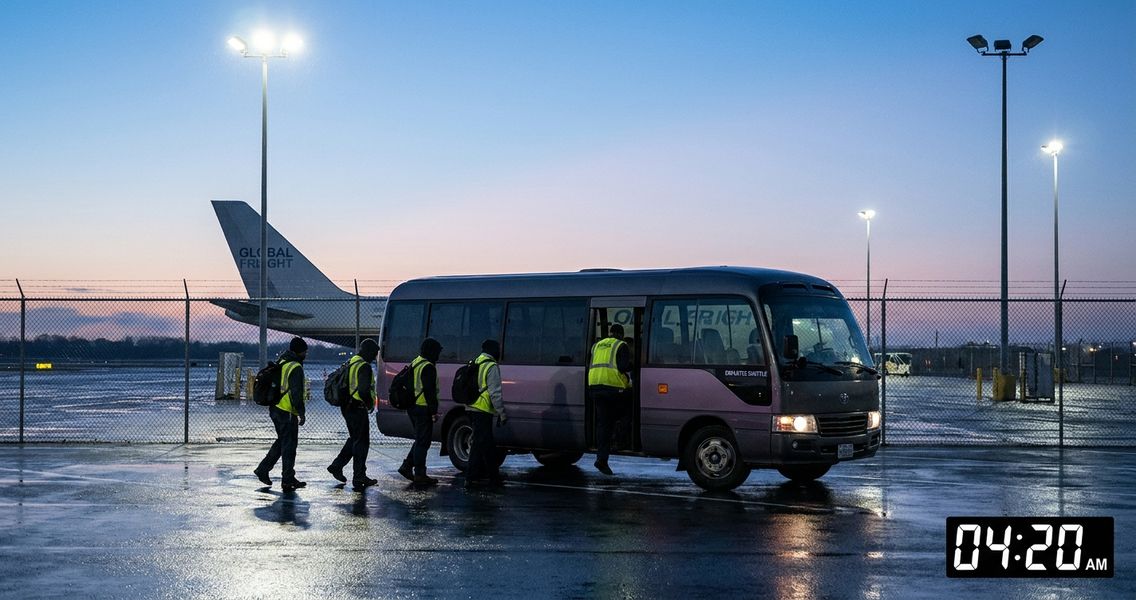 Pre-dawn ramp at a US cargo hub, with a ground-handling crew boarding an employer shuttle at the employee lot