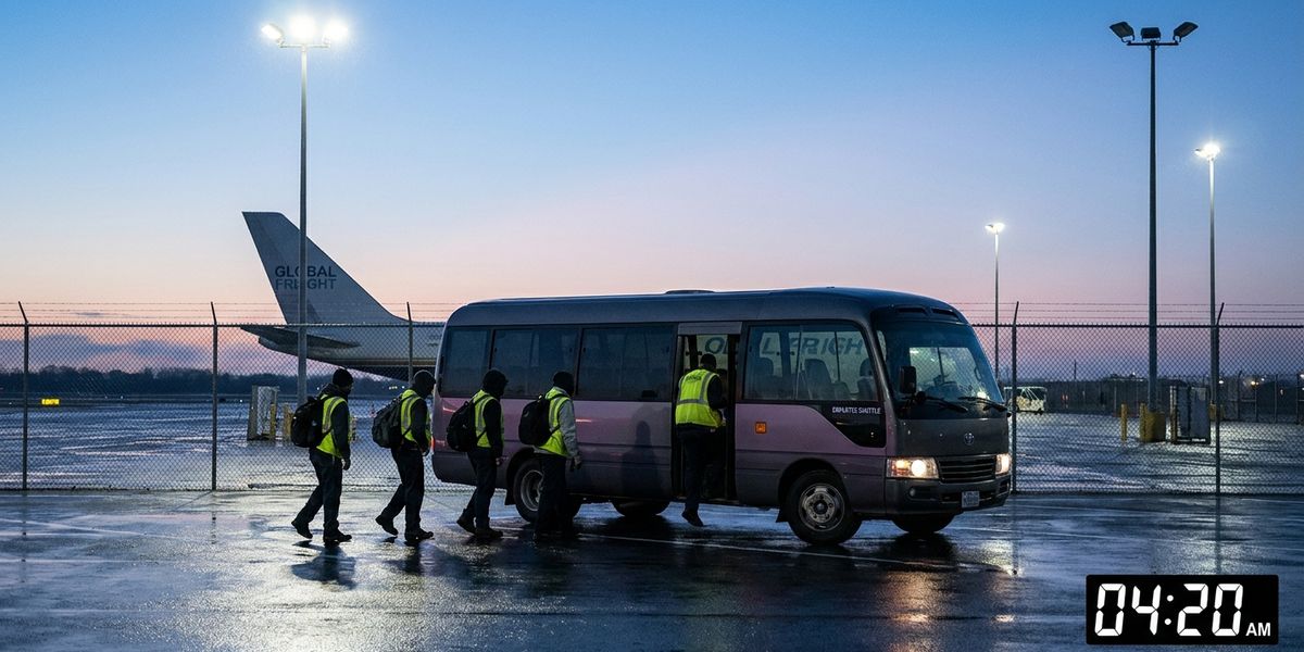 Pre-dawn ramp at a US cargo hub, with a ground-handling crew boarding an employer shuttle at the employee lot