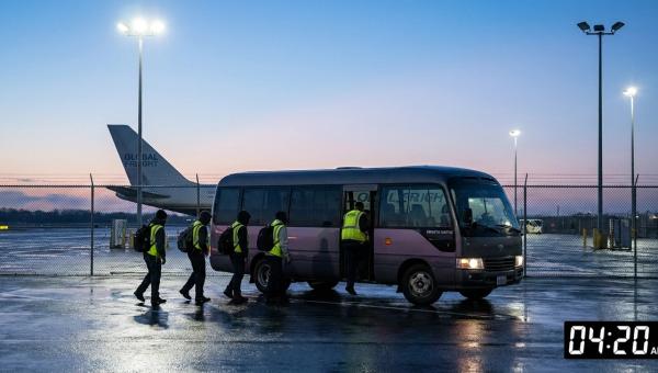 Pre-dawn ramp at a US cargo hub, with a ground-handling crew boarding an employer shuttle at the employee lot