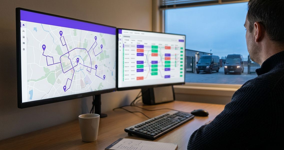 A shuttle dispatcher reviews a multi-vehicle route map and schedule on two operations-room monitors at early morning shift change.