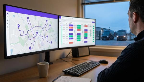 A shuttle dispatcher reviews a multi-vehicle route map and schedule on two operations-room monitors at early morning shift change.