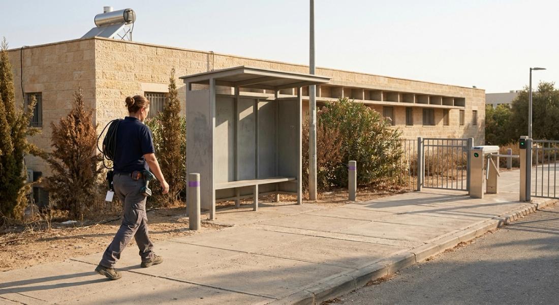 עובדת אחזקה חולפת על פני תחנת שאטל ריקה בקמפוס אוניברסיטאי אחר הצהריים המאוחרים, בדרך לשער הולכי הרגל