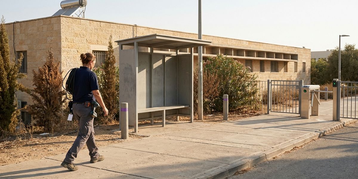עובדת אחזקה חולפת על פני תחנת שאטל ריקה בקמפוס אוניברסיטאי אחר הצהריים המאוחרים, בדרך לשער הולכי הרגל