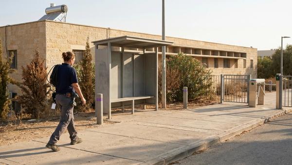 עובדת אחזקה חולפת על פני תחנת שאטל ריקה בקמפוס אוניברסיטאי אחר הצהריים המאוחרים, בדרך לשער הולכי הרגל