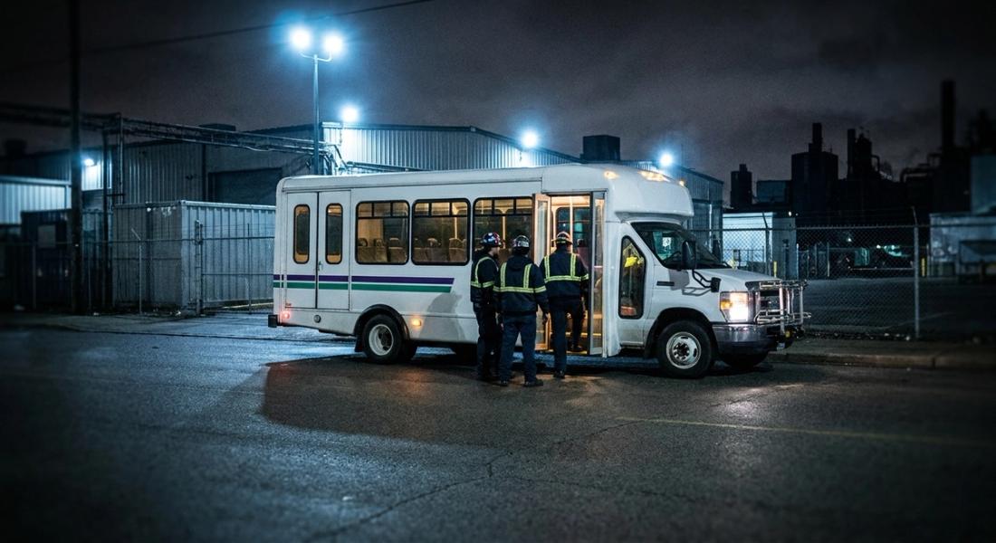 Заводський автобус забирає працівників нічної зміни біля прохідної промзони пізно ввечері