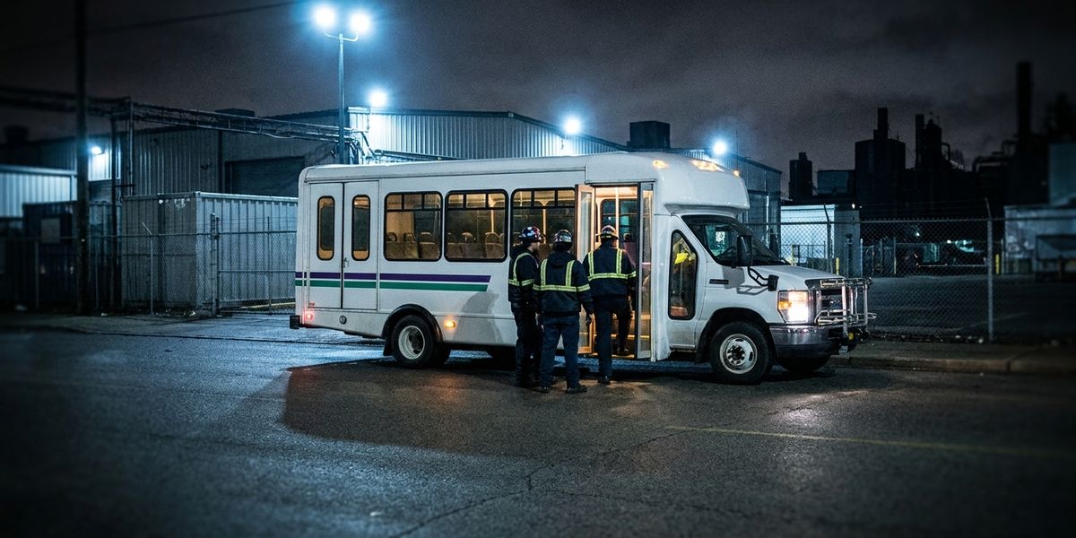 Заводський автобус забирає працівників нічної зміни біля прохідної промзони пізно ввечері