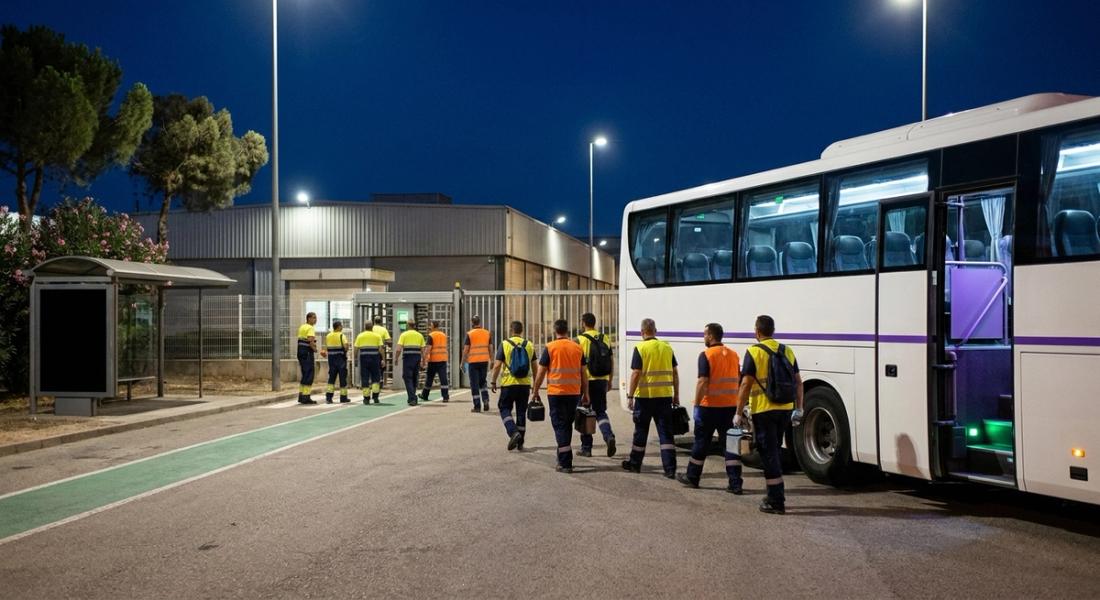 Relevo nocturno en un polígono industrial español: trabajadores salen hacia un autobús de empresa que espera en la puerta.