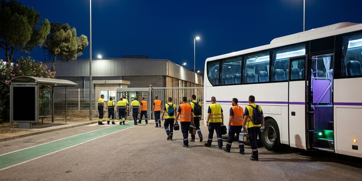 Relevo nocturno en un polígono industrial español: trabajadores salen hacia un autobús de empresa que espera en la puerta.