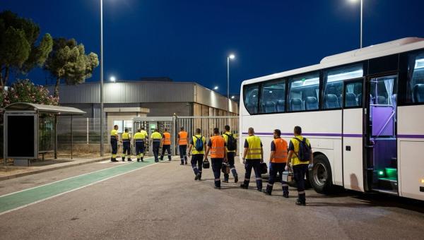 Relevo nocturno en un polígono industrial español: trabajadores salen hacia un autobús de empresa que espera en la puerta.
