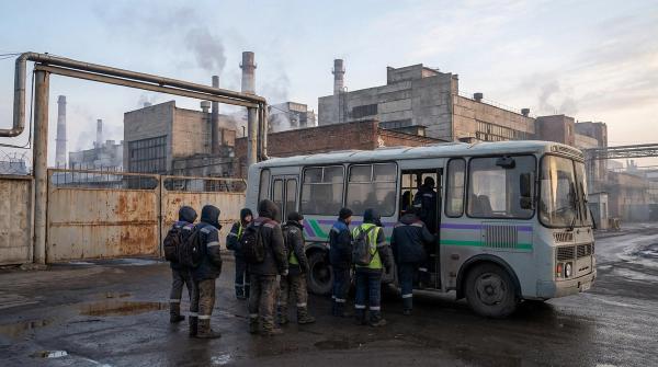 Werksbus an einem deutschen Industriestandort, Schichtmitarbeitende beim Einstieg vor Werkstoren in der Morgendämmerung