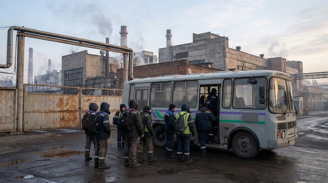 Werksbus an einem deutschen Industriestandort, Schichtmitarbeitende beim Einstieg vor Werkstoren in der Morgendämmerung