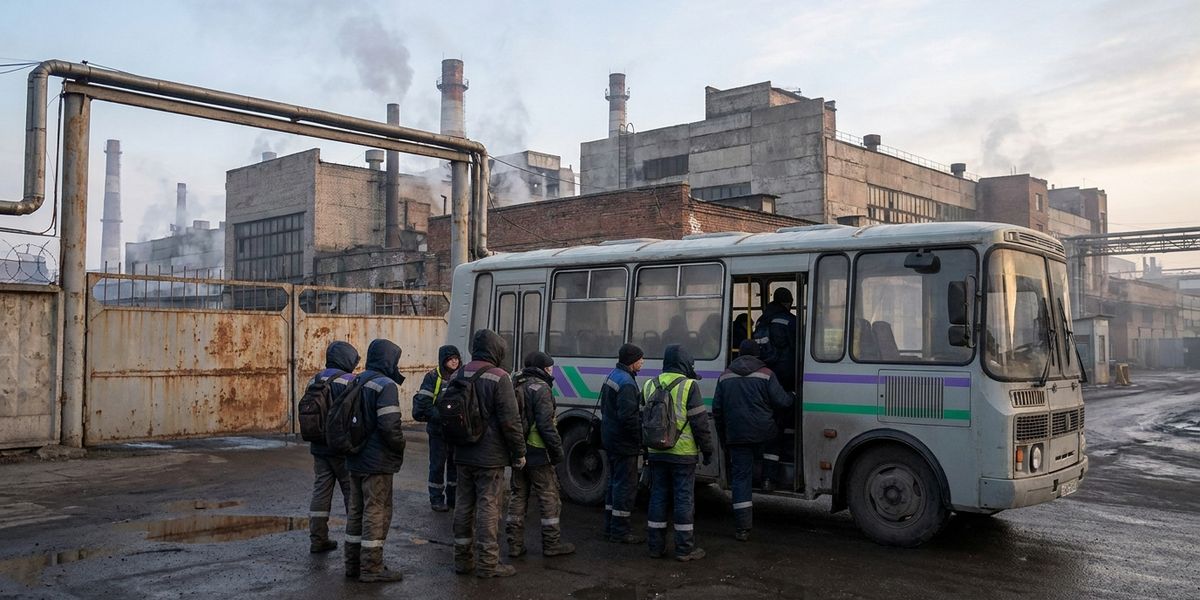 Werksbus an einem deutschen Industriestandort, Schichtmitarbeitende beim Einstieg vor Werkstoren in der Morgendämmerung