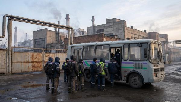 Werksbus an einem deutschen Industriestandort, Schichtmitarbeitende beim Einstieg vor Werkstoren in der Morgendämmerung