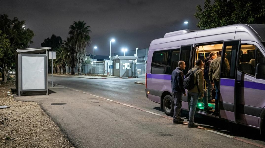 מיניבוס הסעות מואר בשער מפעל בלילה, עובדים עולים אליו, ולידו תחנת אוטובוס ציבורית ריקה