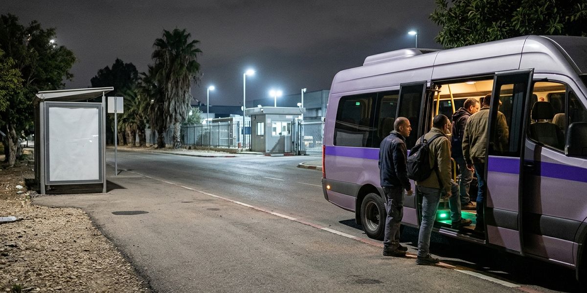 מיניבוס הסעות מואר בשער מפעל בלילה, עובדים עולים אליו, ולידו תחנת אוטובוס ציבורית ריקה
