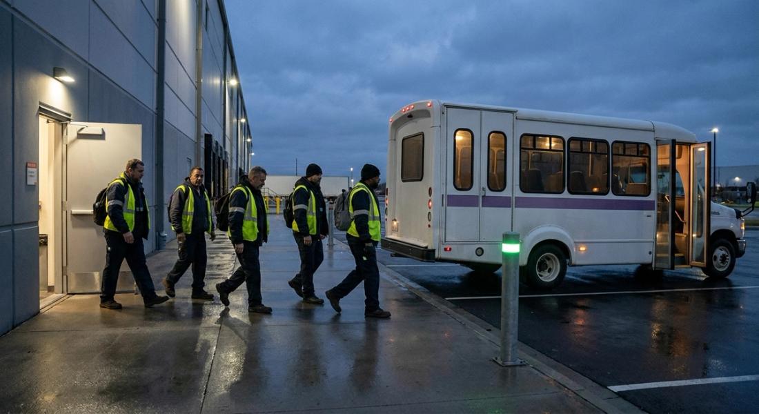 Night-shift workers in hi-vis vests walk past a lit warehouse door toward a white shuttle with a purple stripe before dawn