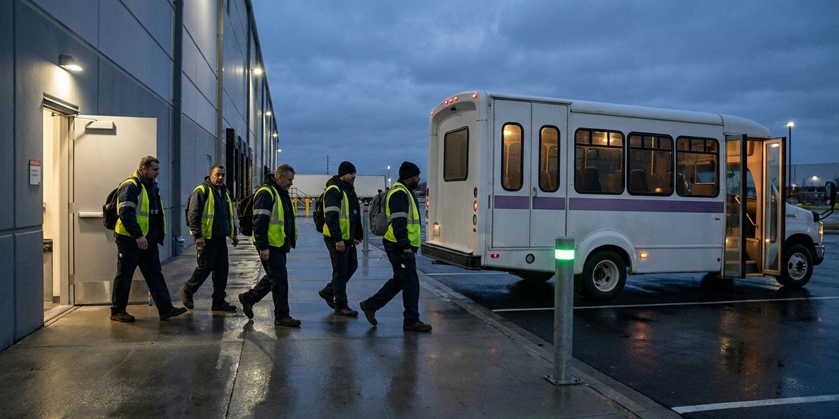 Night-shift workers in hi-vis vests walk past a lit warehouse door toward a white shuttle with a purple stripe before dawn