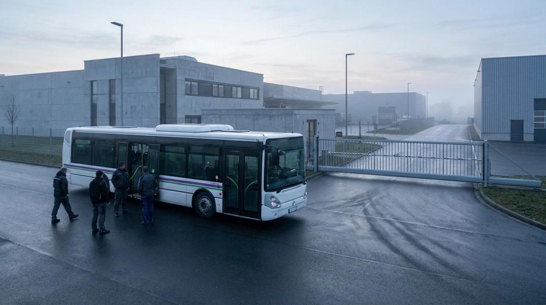 Beschäftigte steigen frühmorgens in einen Werksbus vor einem Werkstor im Gewerbegebiet, kein Linienbus in Sicht