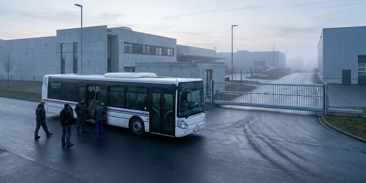 Beschäftigte steigen frühmorgens in einen Werksbus vor einem Werkstor im Gewerbegebiet, kein Linienbus in Sicht