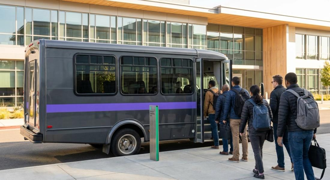 Employees boarding a corporate commuter shuttle outside a tech campus on a weekday morning