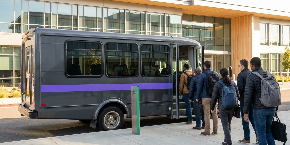 Employees boarding a corporate commuter shuttle outside a tech campus on a weekday morning