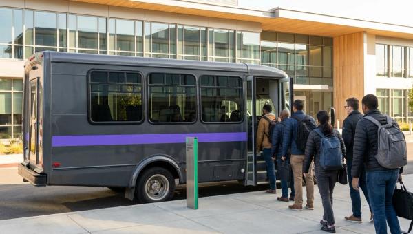 Employees boarding a corporate commuter shuttle outside a tech campus on a weekday morning
