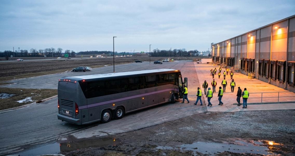 Workers in hi-vis vests walk from a parked coach toward lit loading docks at an exurban distribution center before dawn