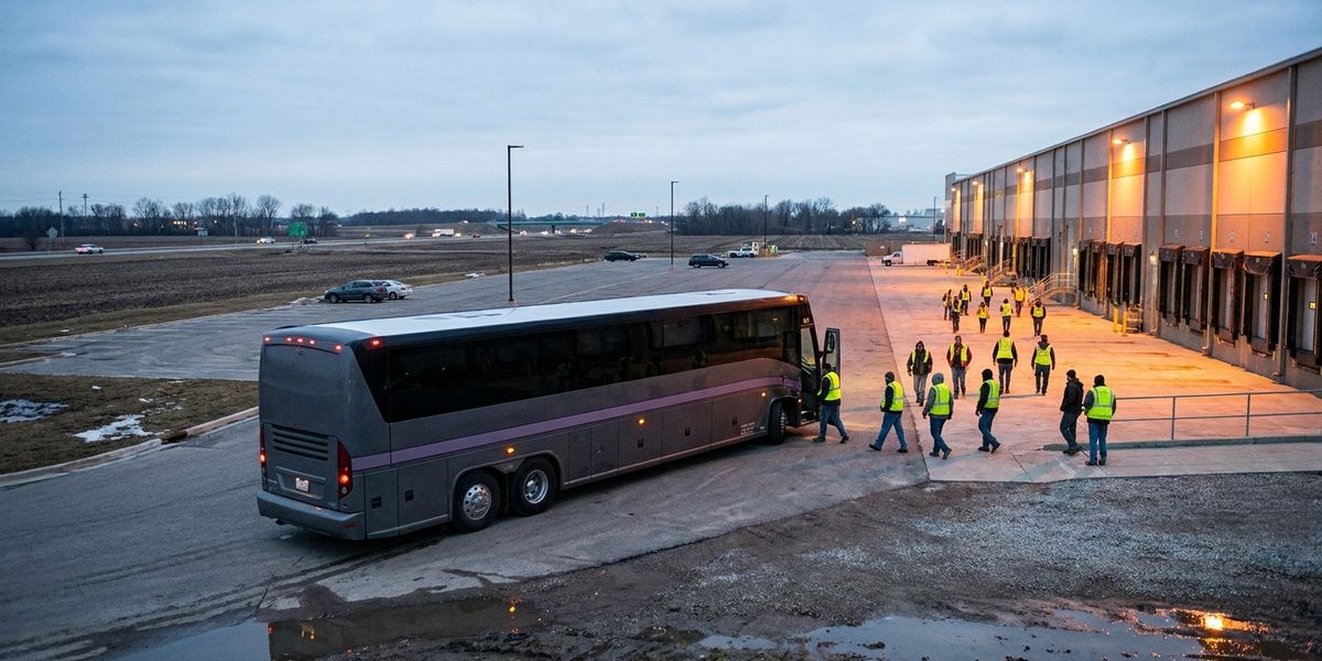 Workers in hi-vis vests walk from a parked coach toward lit loading docks at an exurban distribution center before dawn