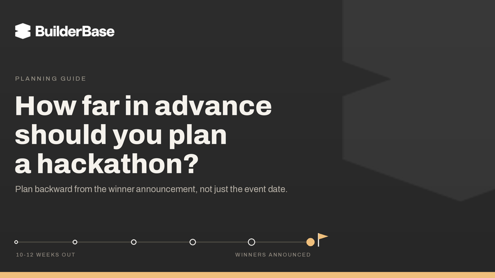 BuilderBase blog banner with the headline "How far in advance should you plan a hackathon?" above a phased planning timeline ending in a winner announcement flag. That describes the visual for screen readers and carries the keyword for SEO. If your CMS caps alt text short, trim to: "BuilderBase banner: how far in advance should you plan a hackathon?