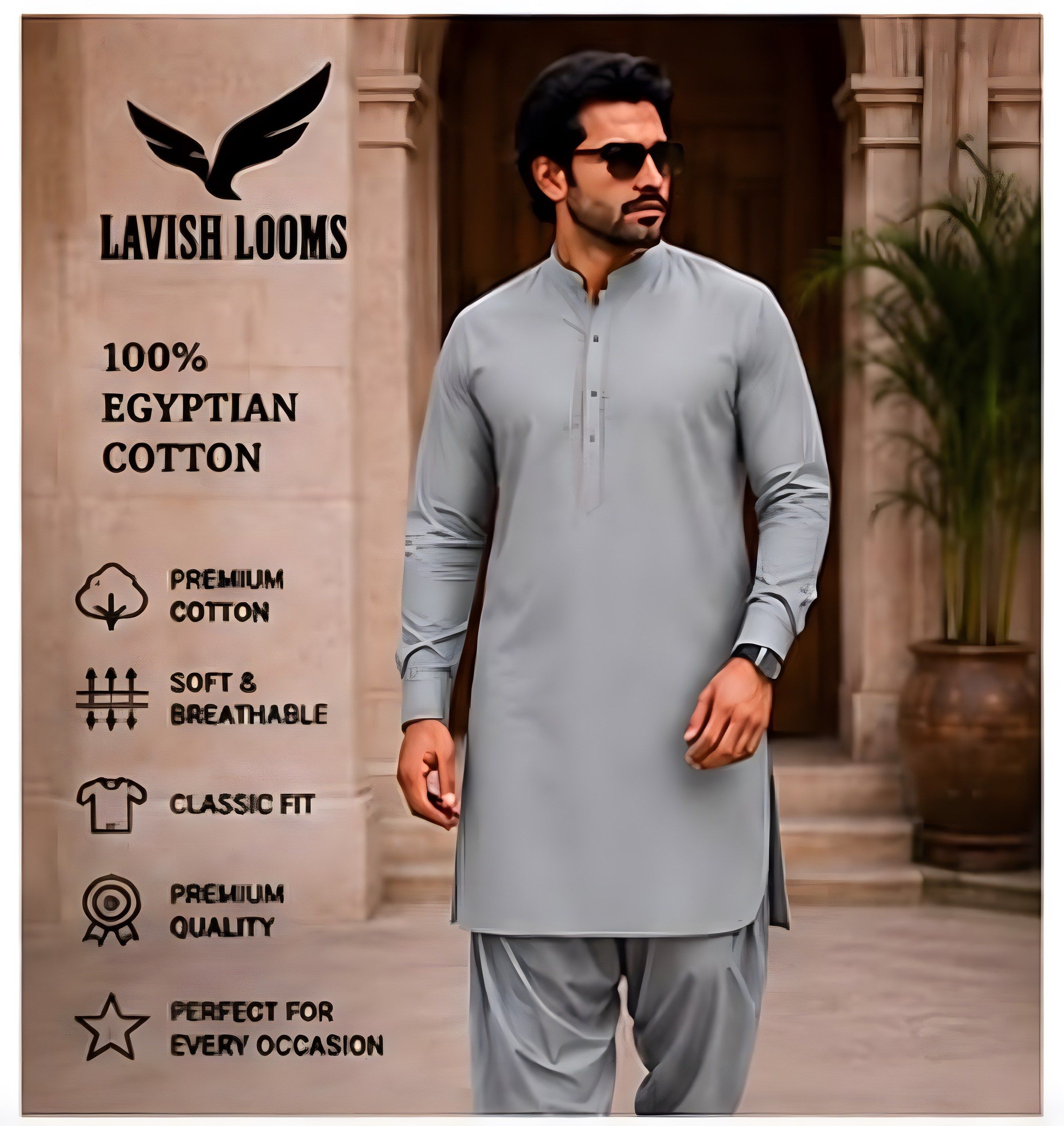 Model wearing Lavish Looms Egyptian Cotton kurta shalwar in ash grey
